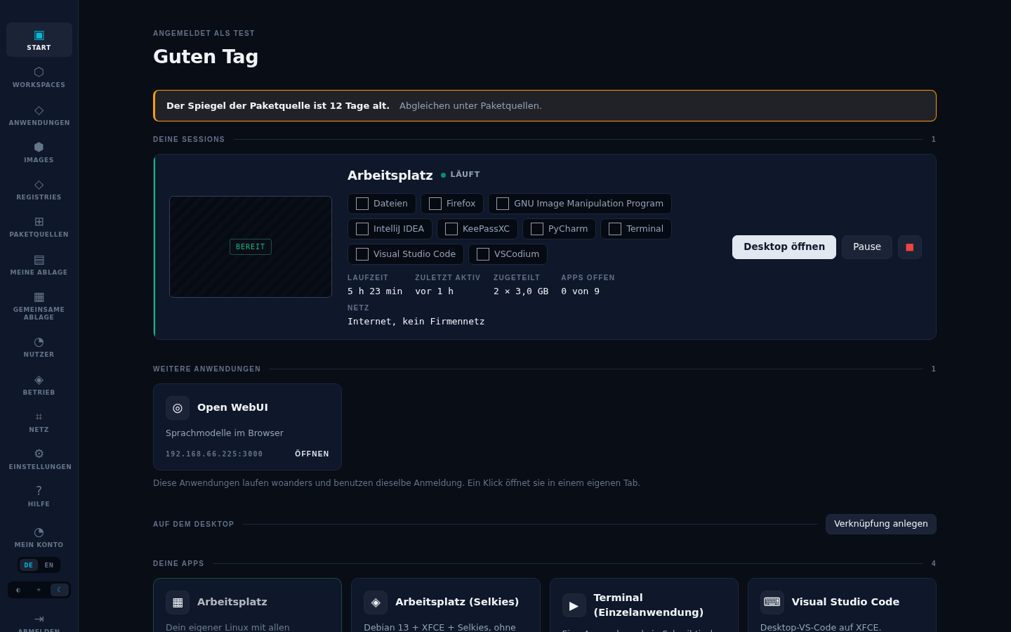 OpenTerminalApps – Startseite und Dashboard